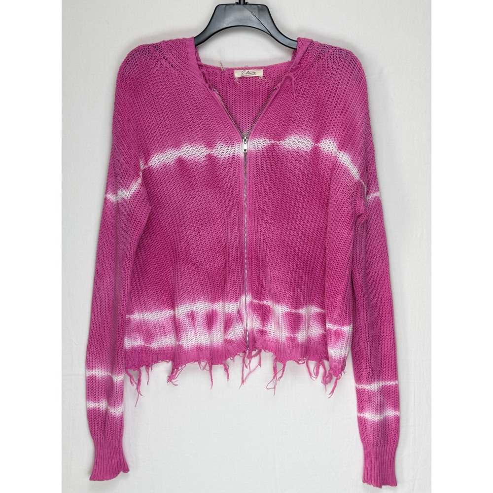Elan Women 100% Cotton Sweater S Pink Tie Dye Distressed Zip Up Hoodie SWT10256